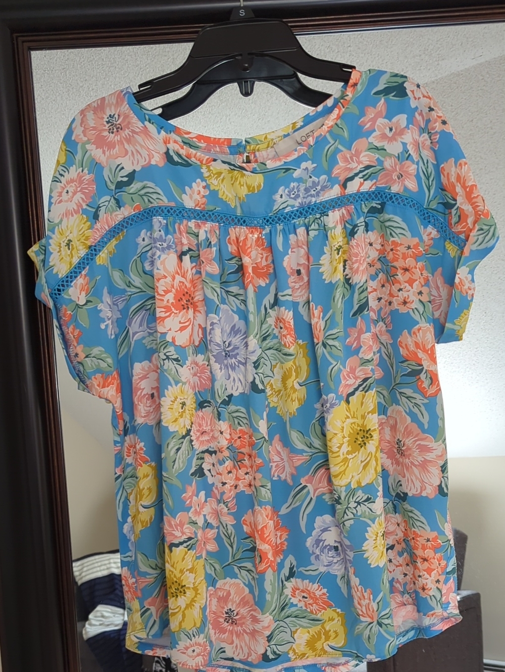 LOFT Blue Floral Crochet-Trim Short Sleeve Mixed Media Blouse